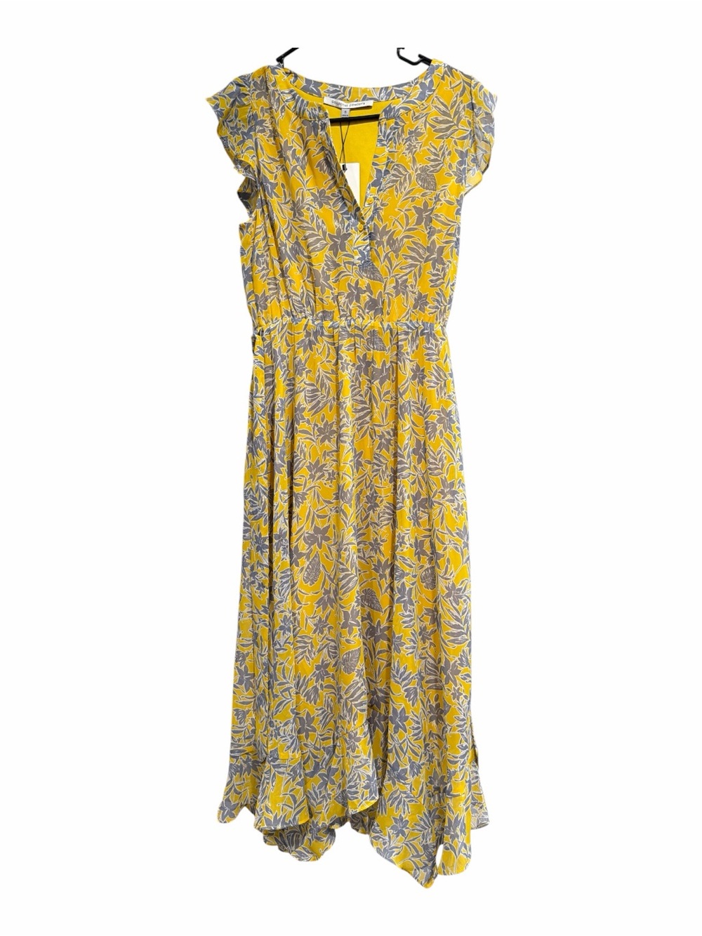 NWT Collective Concepts Yellow Floral Midi Dress Ruffle Cap Sleeve Size S